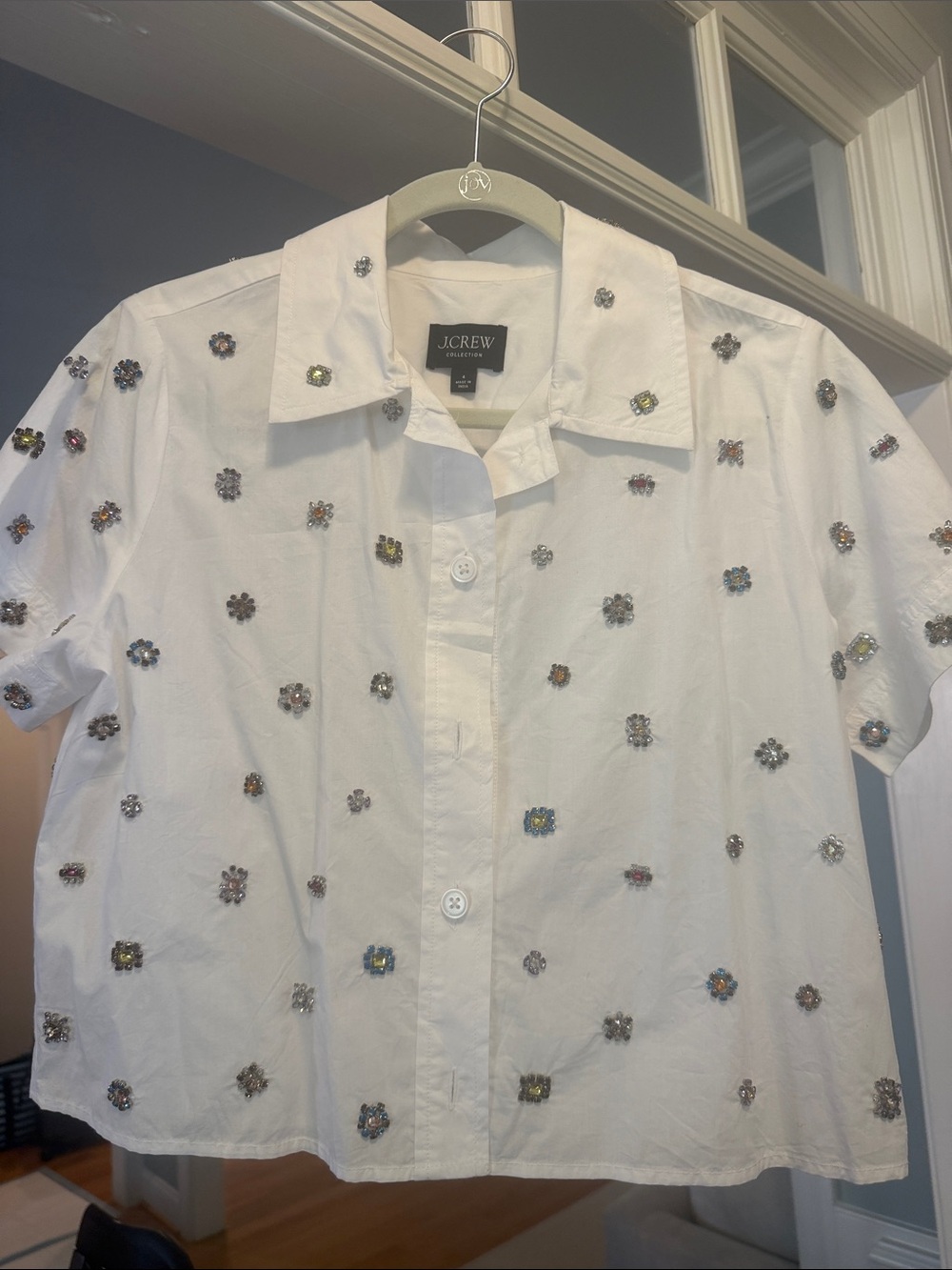 J. Crew White Short-Sleeve Embellished Button-Down Shirt